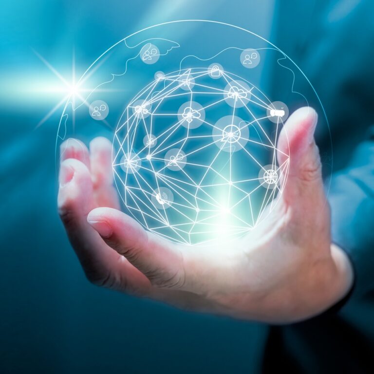 Businessman holding of global data network and social network of databases