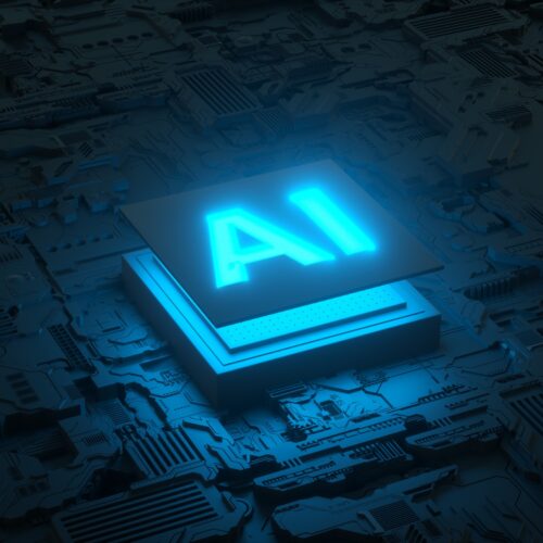 Scheda elettronica e microprocessore AI, Intelligenza artificiale dell'essere umano digitale. rendering 3D