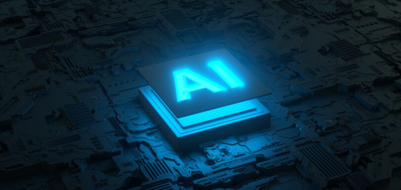 Placa de circuito e microprocessador de IA, Inteligência artificial do ser humano digital. renderização 3D