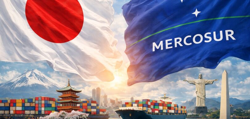 Bandiere del Giappone e del MERCOSUR in una scena di commercio internazionale